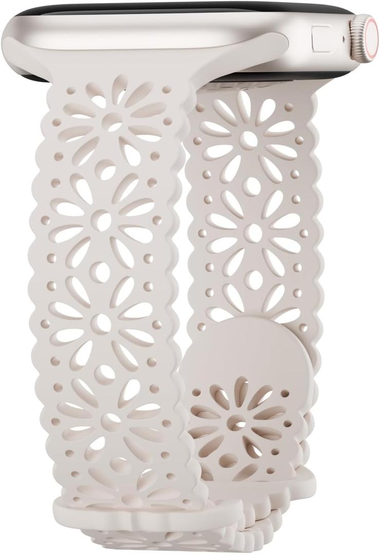 Slim Lace Hollow-out Silicone Bands Compatible with Apple watch Band for Women 38mm 40mm 41mm 42mm 44mm 45mm 46mm 49mm, Soft Thin Floral Engraved Strap for iWatch Series 11 10 9 8 7 6 5 4 3 SE Ultra (Starlight)