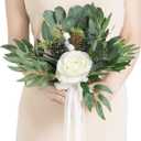 Ling's moment Artificial Flowers White Bridesmaid Bouquet, White and Sage Wedding Flowers Bouquets for Bridesmaids, 7 Inch Bridal Bouquets for Bridesmaids, Wedding, Ceremony, Anniversary, etc