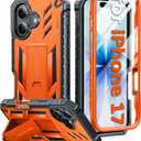 FNTCASE for iPhone 17 Phone Case: Military Grade Drop Proof Protection Mobile Cover with Kickstand | Matte Textured Rugged Shockproof TPU | Protective Sturdy Phone Case - 6.3 inch Orange
