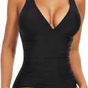 SHAPERIN Women One Piece Swimsuits Tummy Control V Neck Bathing Suits Ruched Push Up Padded Swimwear (Medium, Black)