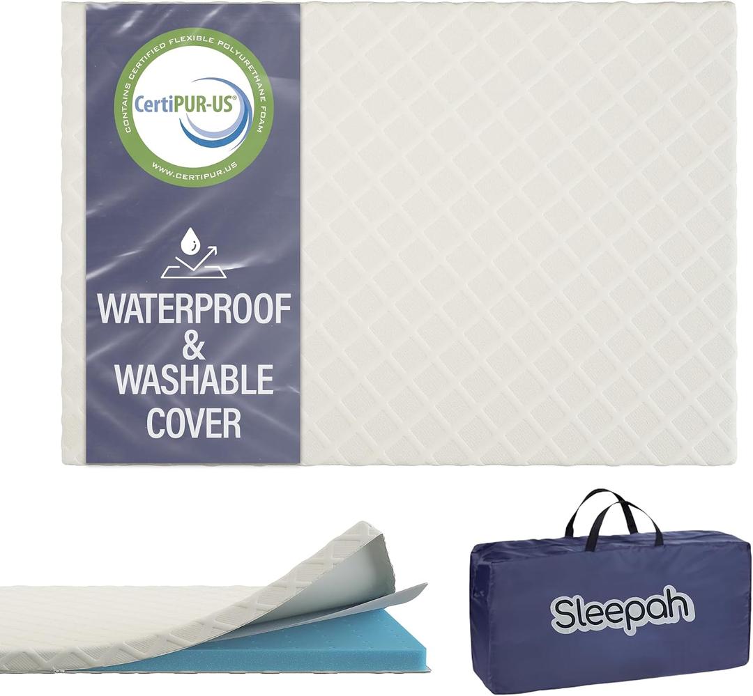 Sleepah Pack and Play Mattress Foam Pad 38 x 26 x 1 for Playpen, Portable Playyard Mattress - Soft Waterproof Washable & Removable Cover Breathable Topper