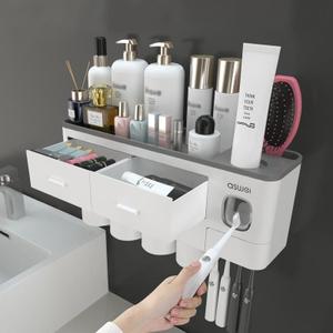 Bathroom Toothbrush Holder Wall Mounted with Automatic Toothpaste Dispenser - 5 Toothbrush Slots, 2 Drawers, No Drilling Bathroom Organizer for Toothbrushes, Toothpaste, Cosmetics, Razors - White