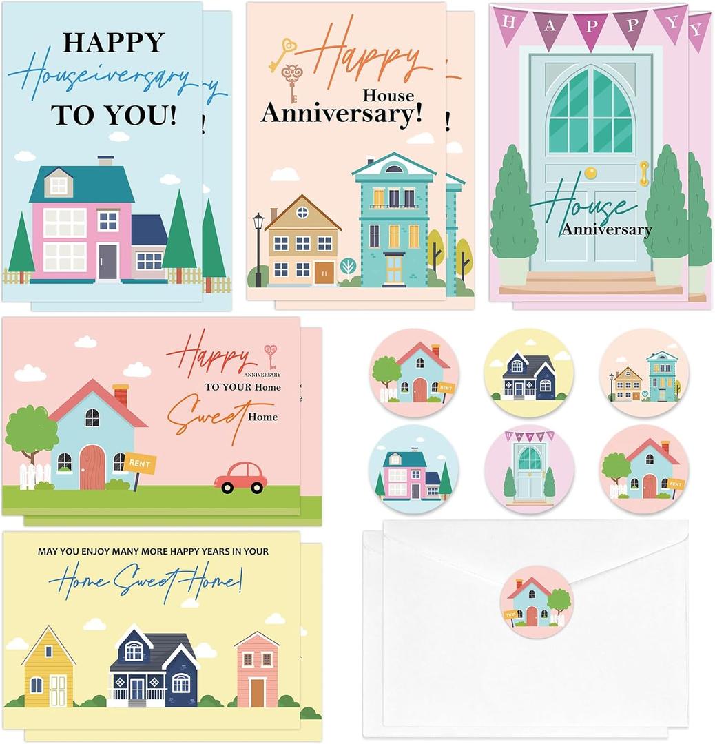 50 Pcs Happy Home Anniversary Cards with Envelopes Housewarming Greeting Cards Welcome House Greeting Cards with Stickers Envelopes New Home Congratulations Cards for Clients Neighbors Gifts