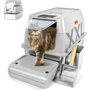 Kalolary Stainless Steel Cat Litter Box with Lid, Enclosed Removable Metal Litter Tray for Large Cat, High Sided Enclosure, Scoop, Pedal, Non-Sticky, Easy Cleaning (Grey)