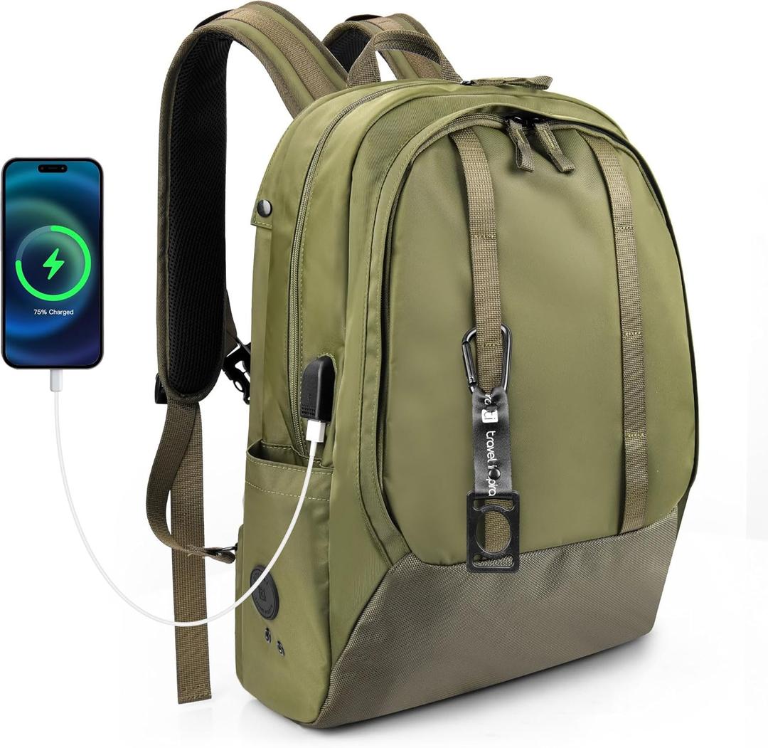 travel inspira Travel Laptop Backpack, Business Anti Theft Sturdy Work Bag with USB Charging Port, Airline Approved College Computer Bag Gift for Men & Women Fits 16 Inch Notebook, Green