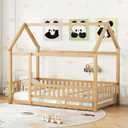 Bellemave Twin Size House Floor Bed Frame,Wooden Montessori Floor Bed with Fence for Kids,Twin Size Kids Bed,Natural