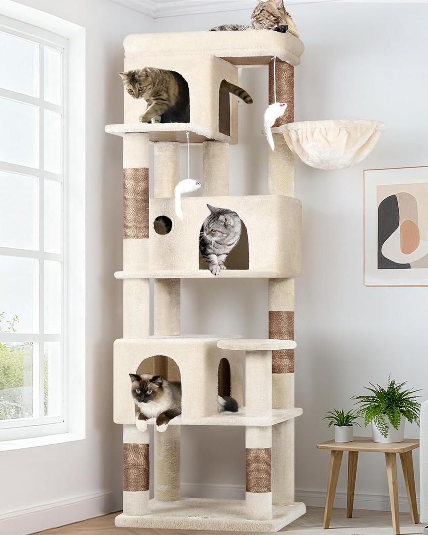 Globlazer Corner Cat Tree 66-inch Multi-Level Climbing Tower Kitty Condos Cat Scratching Tower for Indoor Multiple Cats with Large Platform, 3 Cat Caves, F66, Beige