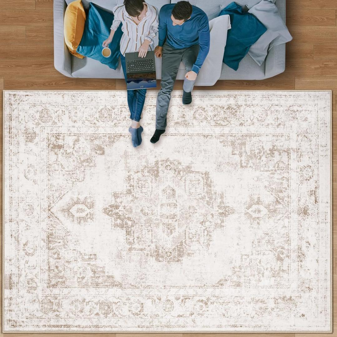 Area Rug 9x12 Vintage Rug: Large Washable Indoor Medallion Rugs Low Pile Distressed Floor Carpet Retro Accent Rug for Living Room Bedroom Kitchen Dining Table Home Office(Beige, 9'x12')
