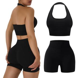 OLCHEE Workout Sets for Women 2 Piece Backless Halter Sports Bra High Waist Booty Shorts Yoga Gym Outfits Lounge Activewear (Large, Solid Black)
