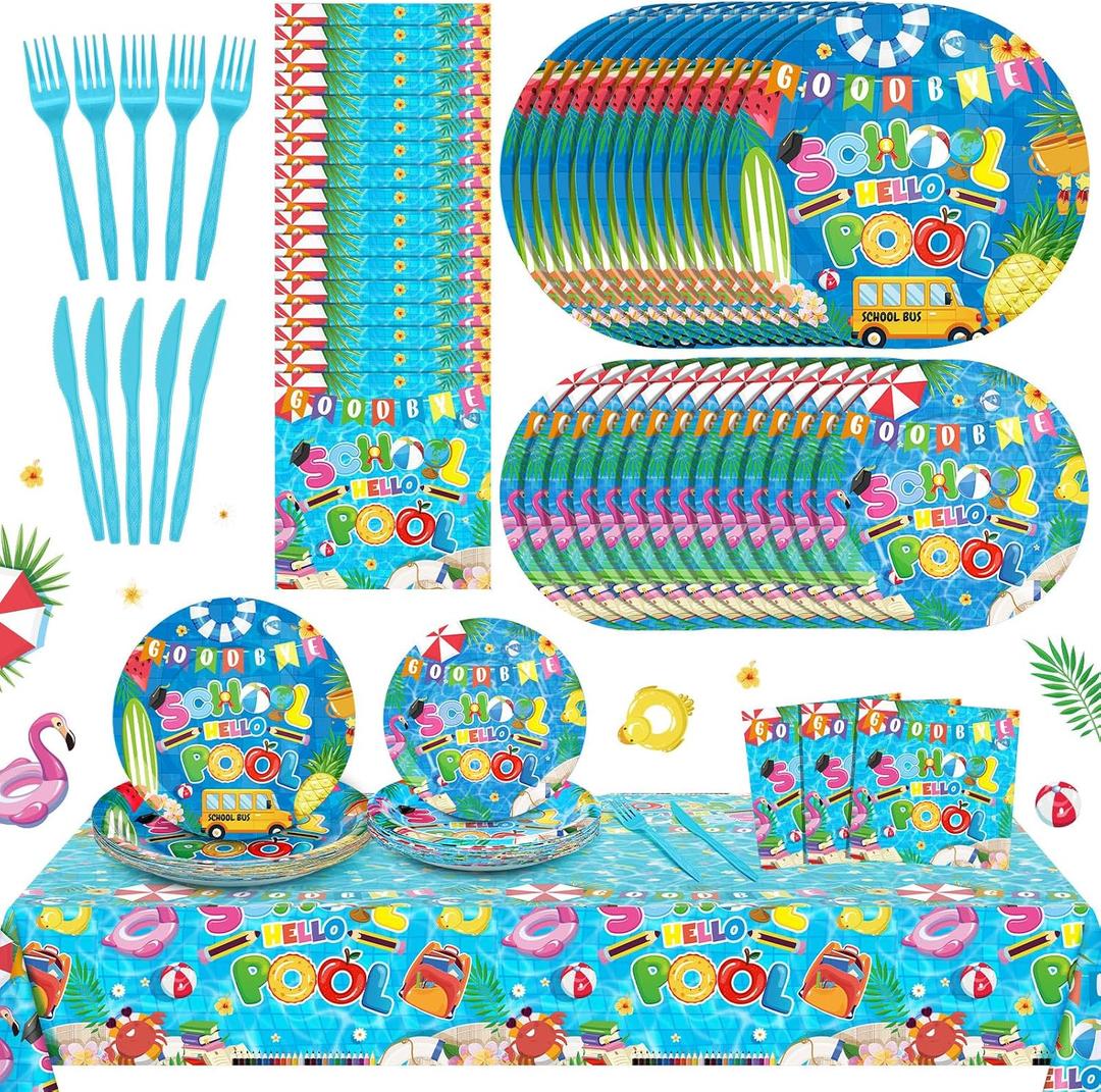Jingmore 121 Pcs Goodbye School Hello Pool Party Tableware Set End of School Year Party Decorations Includes Plates Napkins Forks Knives Disposable Tablecloth for 24 Guests Pool Disposable Favors