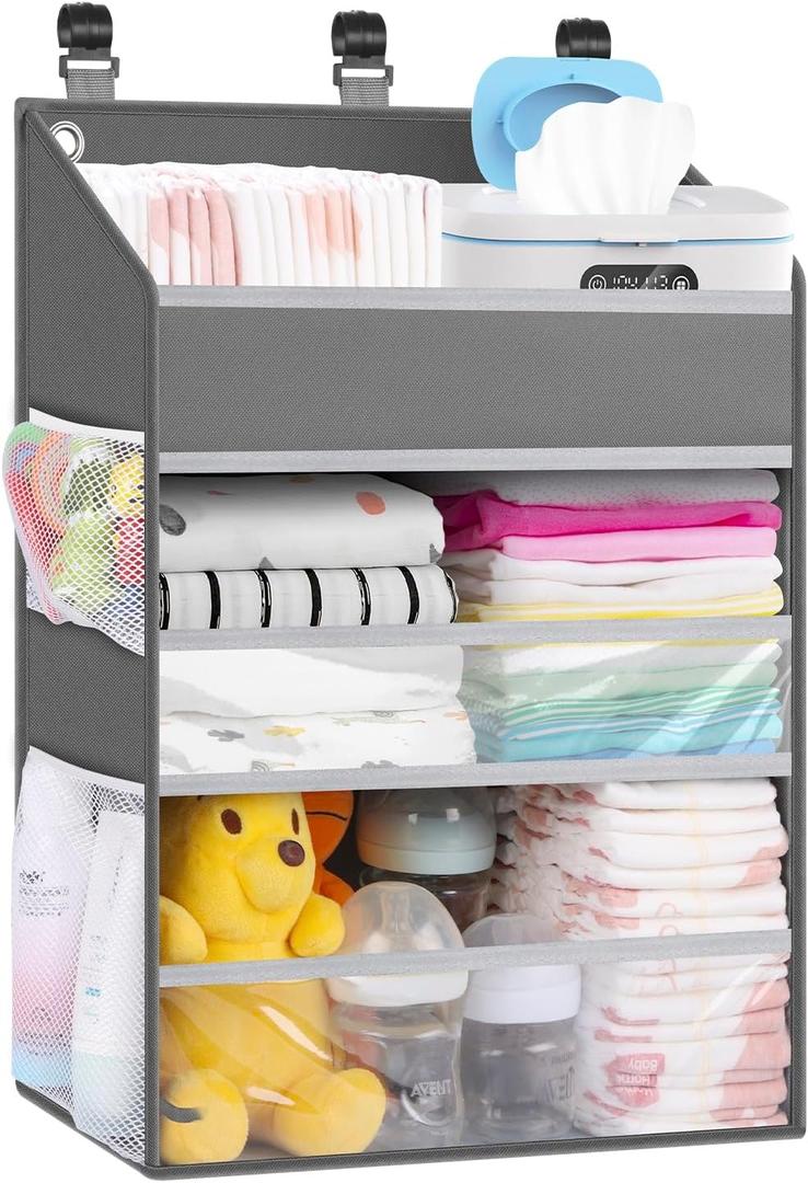 Hanging Diaper Caddy Organizer Crib OrganizerSpacious Baby Girl/Boy Nursery Storage Organizer for Changing Table, Playpen/Wall- Hold 90+ Diaper (Grey)