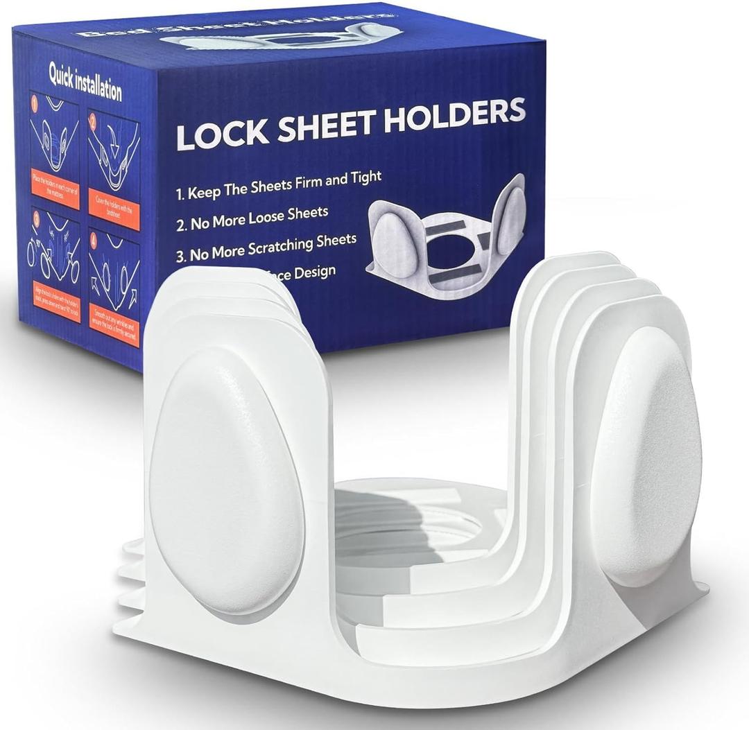 Bed Sheet Holders for Corners: 4 Pack Twist-Cap Clips Keep Sheets Tight Heavy-Duty Grippers Quick Install Fits All Mattresses (White)
