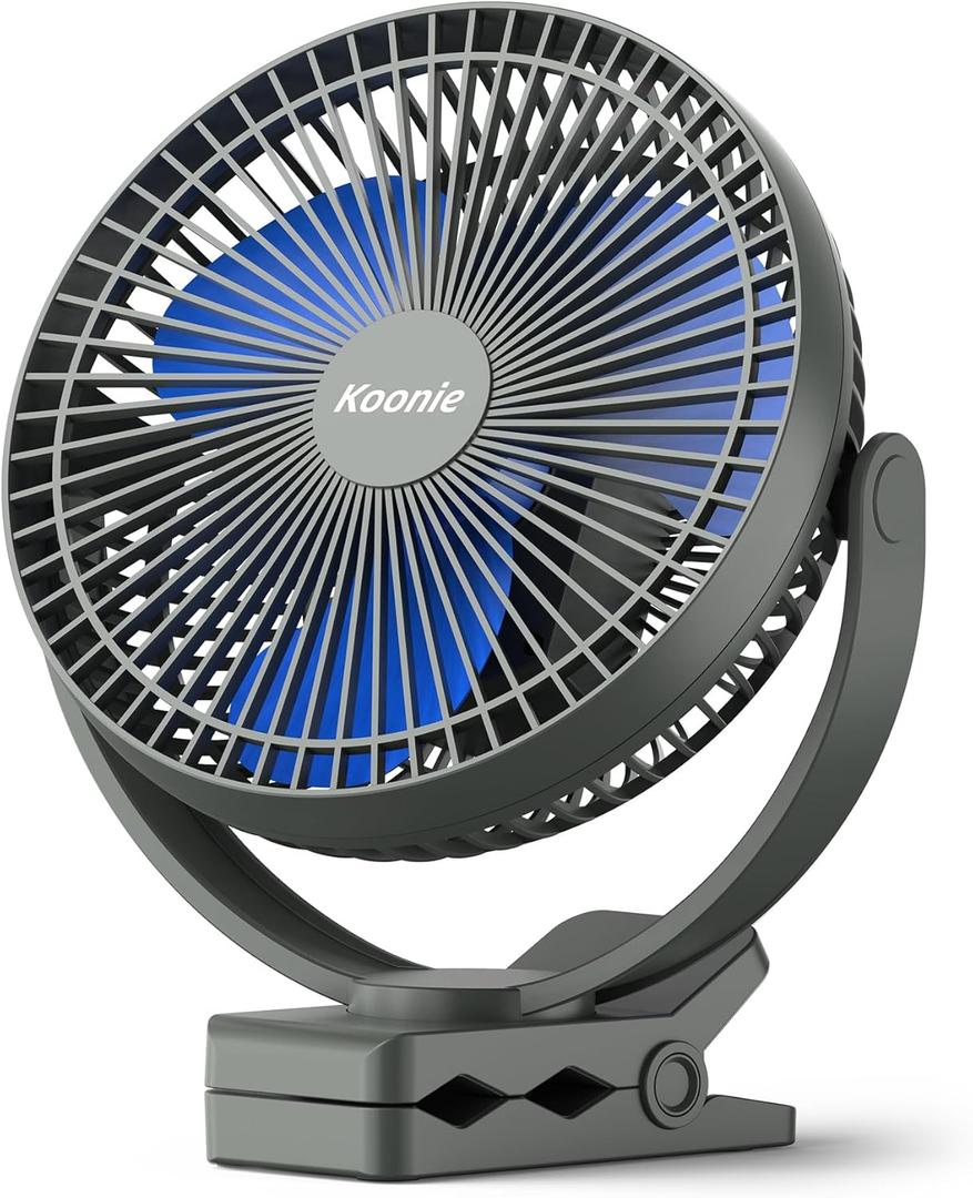 Koonie 10000mAh Rechargeable Portable 8-Inch Clip-on Fan, USB Car Fan 4 Speeds, Sturdy Clamp for Office Desk, Golf Cart, Stroller, Outdoor, Travel, Camping, Tent, Gym, Treadmill (Blue)