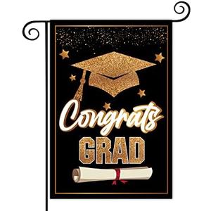 Set of 4 Pack, Grad Flags- Congrats Grad Garden Flag,Graduation House Flag,Gold White Diploma Cap Yard Lawn Sign,Vertical Double Sided 12.5 x 18 Inch