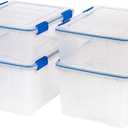 IRIS USA 26.5 & 44 Quart Combo WEATHERPRO Plastic Storage Box with Durable Lid and Seal and Secure Latching Buckles, Clear With Blue Buckles, Weathertight, 4 Pack