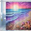 Purple Sunrise Beach Shower Curtain Coastal Seashell Ocean Shower Curtain for Bathroom 72x72 Inch Waterproof Fabric Bathroom Curtain with 12 Hooks Sunset Seafoam Bath Curtain Bathtub Decor
