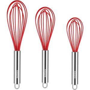 NileHome Whisk Commercial Stainless Steel whisk & Silicone Non-Stick Coated Small Whisk Set 8" 10" 12" Kitchen Wisk Wire Whisks for Cooking 3 Pack, Red
