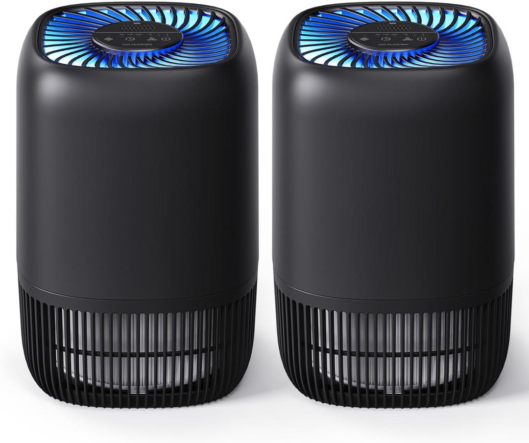 2 Packs of Air Purifiers for Home Bedroom, High Efficience Filter for Dust Pollen Smoke Odors, with Fragrance Sponge Night Light Vital Breeze Timer 22dB, Office Desktop Small Room, DH-JH12 Black