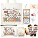 Funnymoom 6 Pcs Teacher Gifts from Students End of Year Teacher Appreciation Gifts Set with 17 oz Glass Cup Canvas Tote Makeup Bag for Graduation Birthday Thanksgiving Retirement
