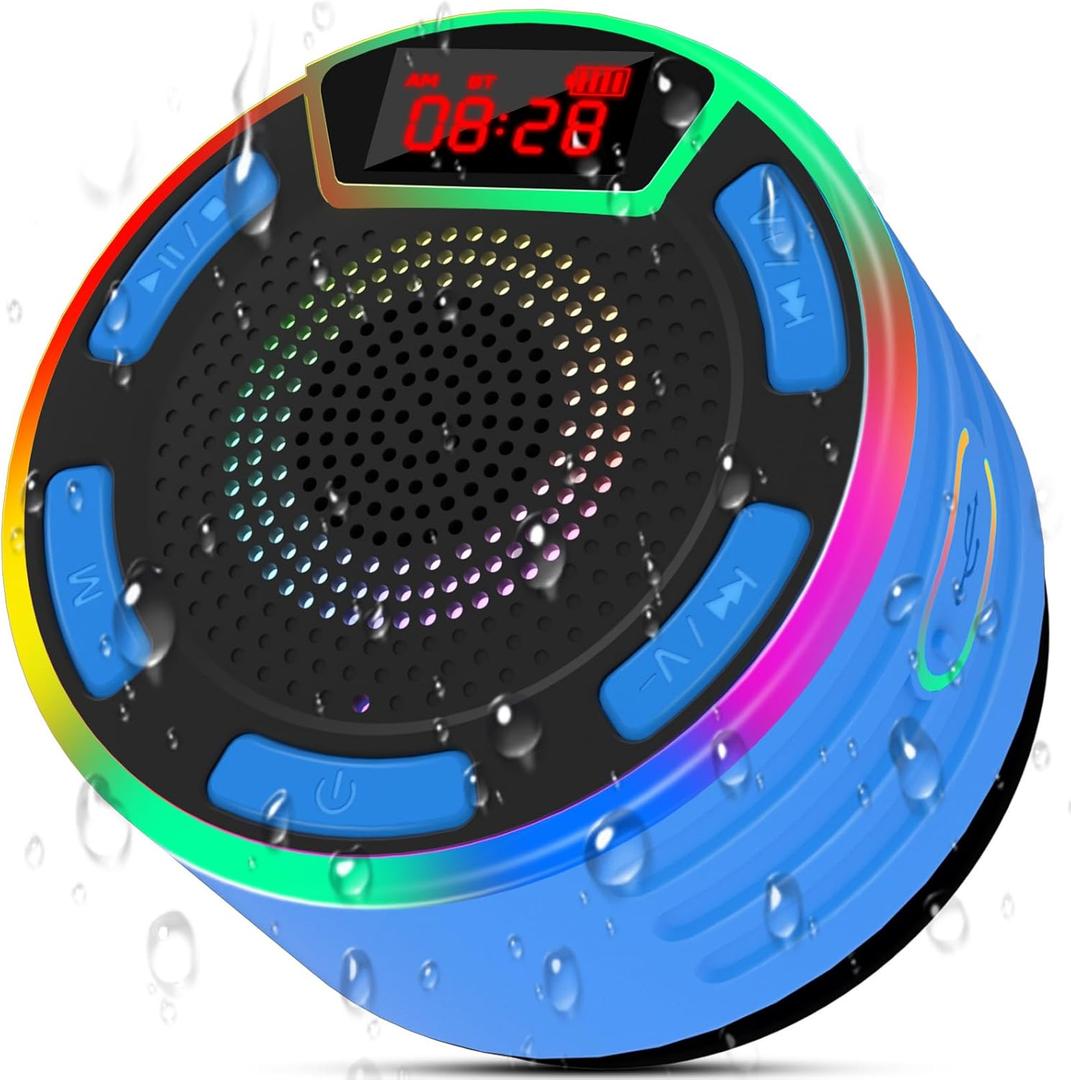 ssuowao Bluetooth Shower Speaker, IPX7 Waterproof Portable Speakers with LED Display, FM Radio, Suction Cup, Built-in Mic, Mini Speaker for Bathroom Travel Pool Beach