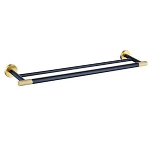 24 Inch Black and Gold Double Towel Bar, Rust-Resistant 304 Stainless Steel with Solid Brass Knurled Accents, Wall-Mounted for Bathroom & Shower