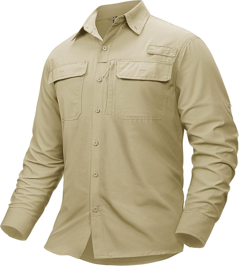TACVASEN Men's Fishing Shirts Long Sleeve Sun Protection UPF50+ Quick Dry Button Down Shirts with Zipper Pockets (S)