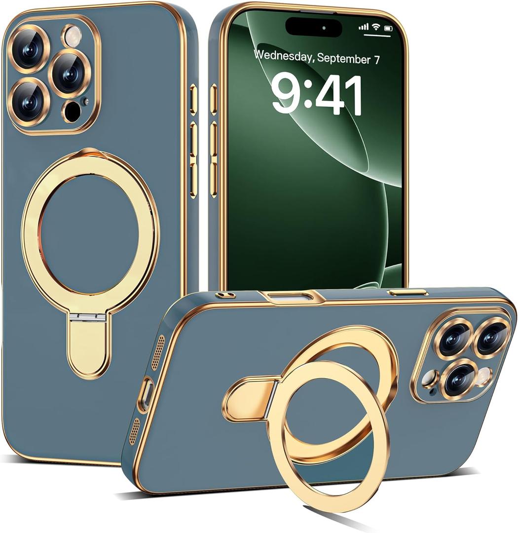 Compatible with iPhone 16 Pro Max Case with Magnetic Ring Stand [Compatible with Mag-Safe] [Full Camera Lens Protector] Soft Plating Phone Case for iPhone 16 Pro Max 6.9", Grey Blue