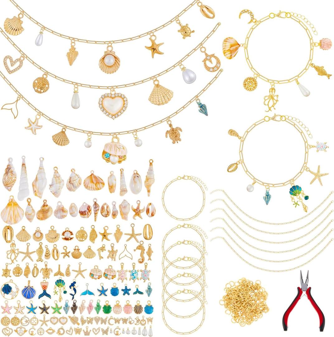 Quelay 328 Pcs Gold Sea Ocean Beach Charms Pendants for Jewelry Making Kit Bulk for Women DIY with 118 Charms 200 Jump Rings 5 Necklaces 5 Bracelets Accessories for Gift Beginner Arts Christmas