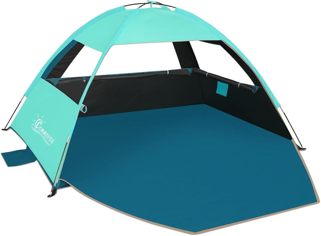 COMMOUDS Beach Tent Sun Shade for 3/4-5/6-7/8-10 Person, UPF 50+ Beach Sun Shelter Canopy Tent, Lightweight, Easy Set Up and Carry (Turquoise with Dark Shelter)