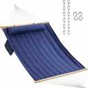Double Quilted Fabric Hammock with Hardwood Spreader Bars and Pillow 450 LBS Capacity 2 Person Large Hammock for Outdoor Patio Backyard Poolside - Dark Blue
