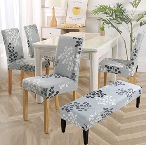 HAPPYDOG Stretch Dining Chair Covers Removable Washable Spandex Slipcovers for High Chairs 4PCS/Set+ 1 PCS Bench Cover (Grey Leaves)