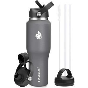 SENDESTAR 40oz Water Bottle Wide Mouth Stainless Steel Vacuum Insulated Double Wall with 2 Straw Lids Fit in Any Car Cup Holder (Gray)