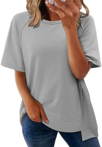KISSMODA Business Casual Tops for Women Short Sleeve Shirts Comfy Plus Size Summer Outfits Solid Preppy Teen Girl Clothes Loose Crewneck Tees, Light Grey, Size: M