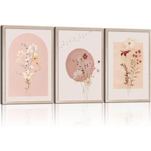 MochaMilly 3Pcs Framed Watercolor Flower Wall Art Wildflower Floral Wall Decor Pictures Botanical Canvas Wall Art Vintage Prints Boho Flower Painting Minimalist Floral Poster for Room Bedroom 24x16, Color: Botanical Prints