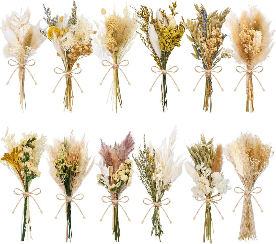 12/24 PCS Charming Dried Flowers Bouquet for Vase Various Dried Wildflowers with Stems Mini Handmade Wildflowers Natural Real Flowers Bulk Flowers Craft (Solid Color, 12 PCS)