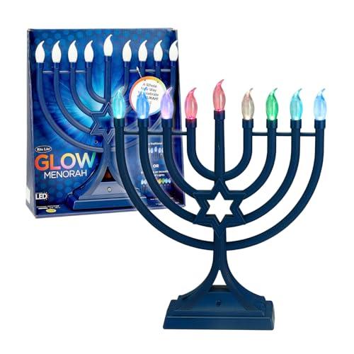 LED Electric Blue Hanukkah Menorah with Special Effects - Battery/USB Powered, Star of David, 4 Lighting/Blinking Modes, Large LED Bulbs, Chanukah Traditional Electric Menorahs - Navy Blue