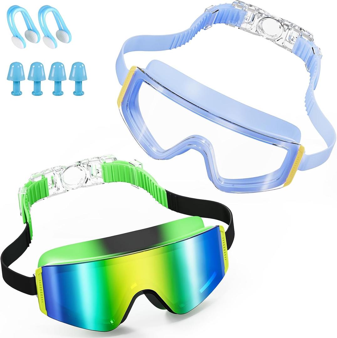 Aegend Kids Swim Goggles 2 Pack Large Frame Anti Fog Soft Silicone Leak Proof UV Protection for Boys Girls Age 3-15