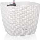 Dexceder 11x10 Self Watering Planter Indoor Outdoor, Inner Mat Design, Thickened Table Flower Plant Pot with Water Level Indicator (Ivory White Rattan)