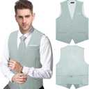 DiBanGu Mens Linen Suit Vest Casual Waistcoat and Necktie & Pre-tied Bowtie Set 6PCS Solid Color Dress Vest for Wedding Party (Blue), Size XXL
