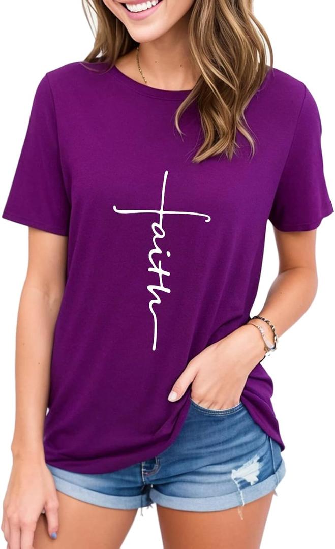 Mom's Care Women Cross Faith Printed V-Neck Tees Letter Print T-Shirt Christian Graphic Tees ( (S)