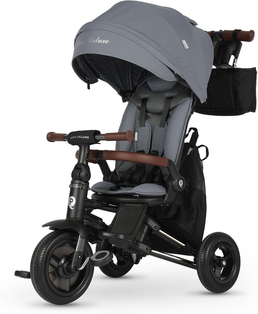 QPlay Baby Bike Stroller for Age 10 Months to 6 Years Old,8 in 1 Folding Toddler Bike Stroller with Removable Canopy & Guardrail Rotatable Seat -Tricycle for Toddlers Age 3-5 Boys & Girls Gift Trike, Grey
