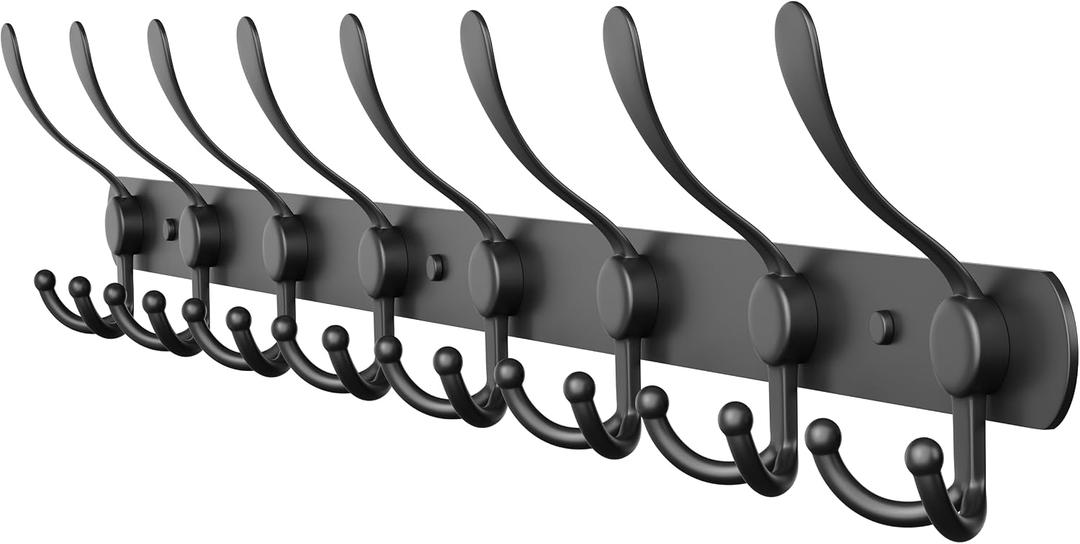 Coat Rack Wall Mount with 8 Tri Hooks, Stainless Steel 24 Inch Black Matte Finish, Heavy Duty Wall Mounted Hook Rack for Coats, Hats, Towels, Scarfs, Robes, Bags, Entryway & Bathroom