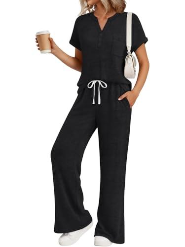 Trendy Queen 2 Piece Lounge Sets for Women Summer 2026 Fashion Pajamas Sets Two Piece Sweatsuit Pjs Loungewear Matching Airport Vacation Travel Outfits Clothes Black XL