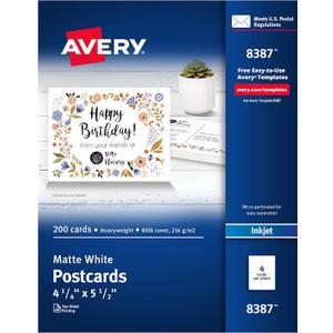 Avery Printable Postcards, 4.25" x 5.5", Matte White, 200 Blank Postcards for Inkjet Printers (8387)