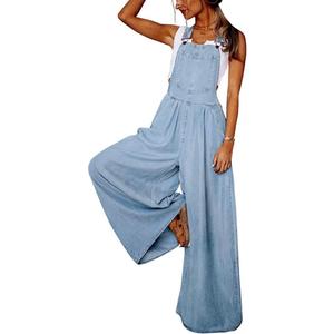 chouyatou Women's Loose Adjustable Strap Wide Leg Denim Bib Overall Jeans Pants (X-Small, Light Blue)