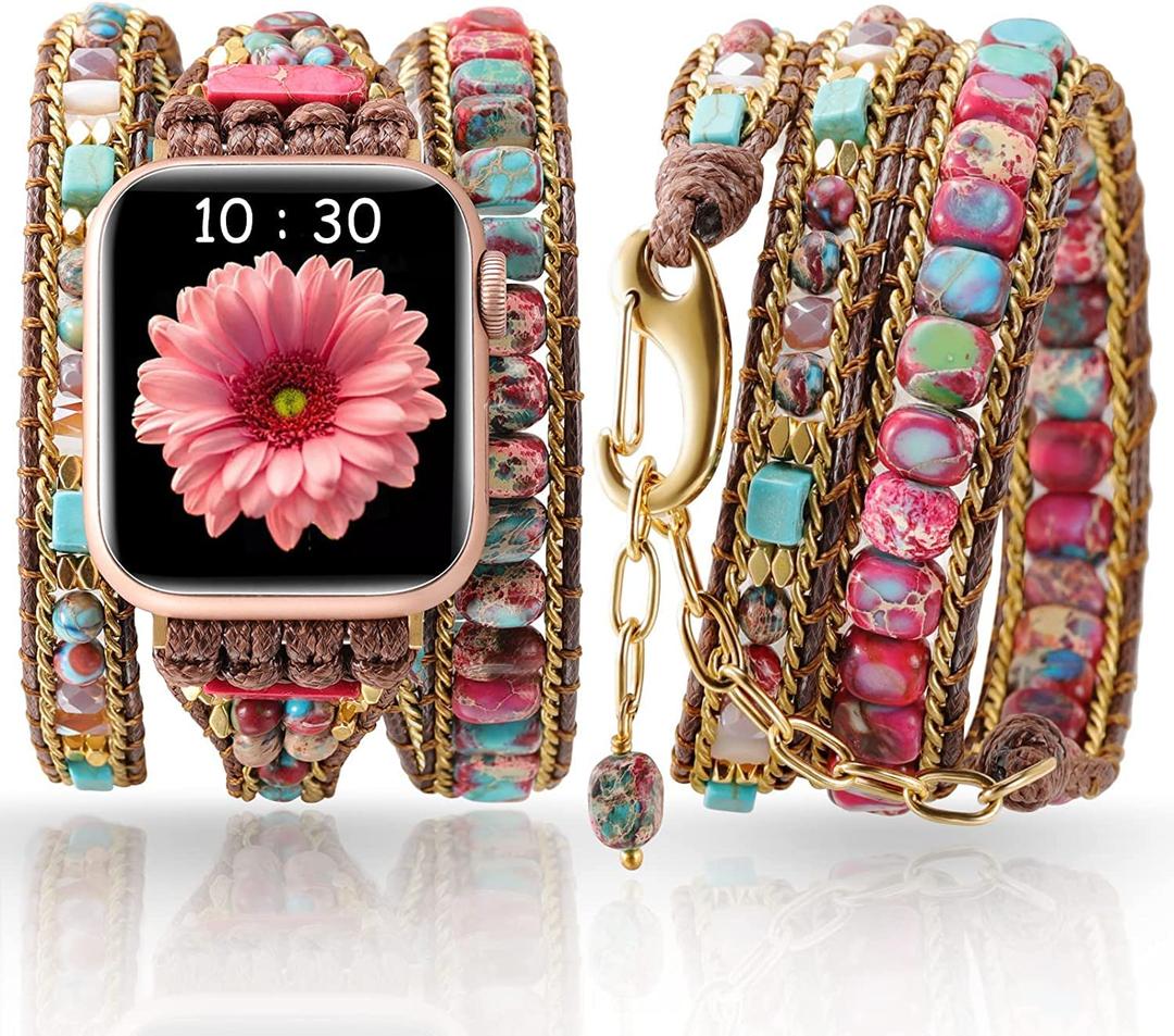 Handmade Boho Watch Band Compatible with Apple Watch 49MM 45MM 44MM 42MM 41MM 40MM 38MM Beaded Wrap Bracelet for iWatch Ultra, Series SE/9/8/7/6/5/4/3/2/1, Fancy Strap for Women (Emperor Stone)