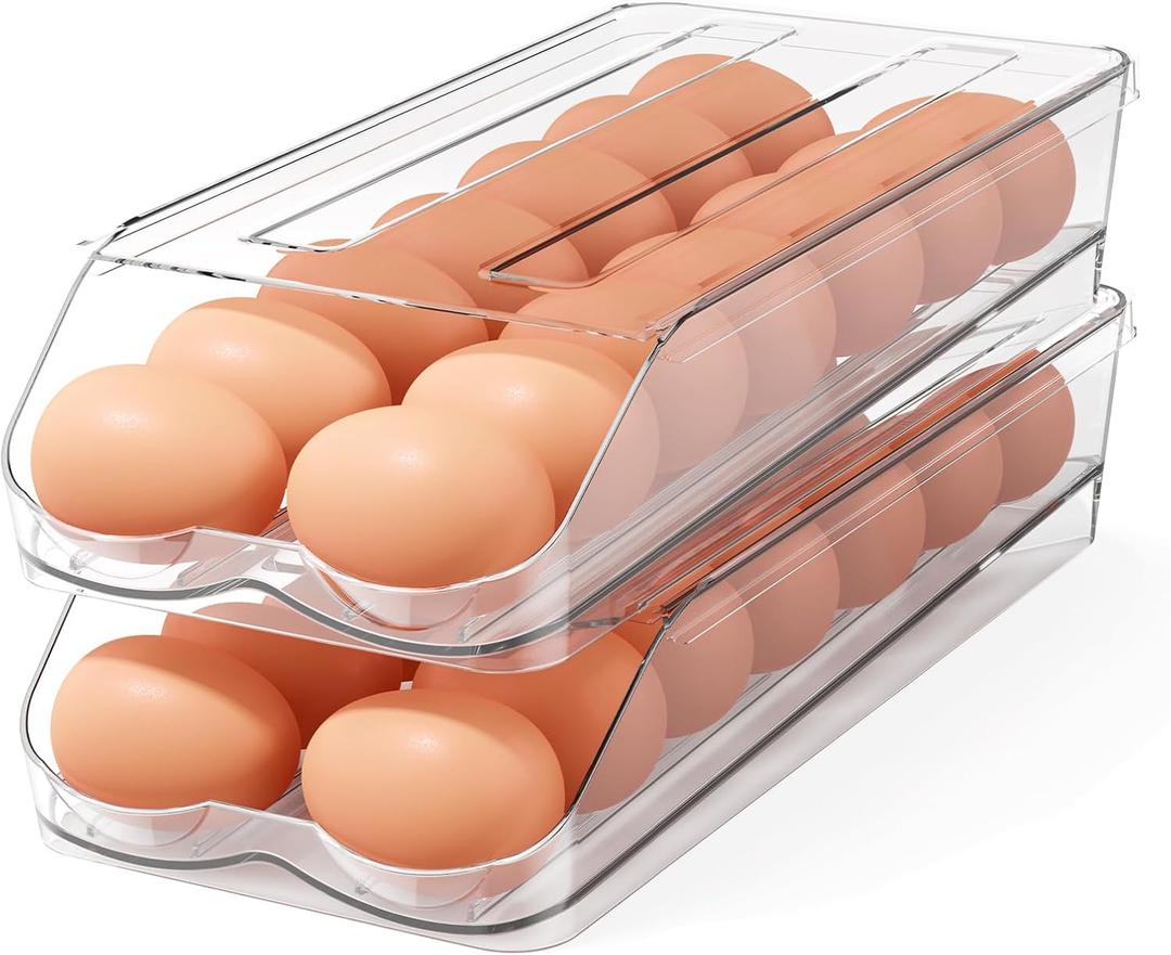 Egg Holder for Fridge,Automatic Rolling Egg Container for Refrigerator,2 Pack Clear Stackable 28-Count Egg Organizer with Lid, Fridge Organizers and Storage
