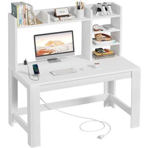 WINAZ 43" White Student Desk with Hutch and Built-in Power Outlet, 42.5"