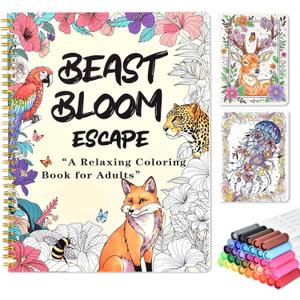2 x Adult Coloring Book Set with 36 Markers, Spiral Bound Floral & Animal Designs, Relaxing Creative Coloring Book for Adults, Mothers Day Gifts