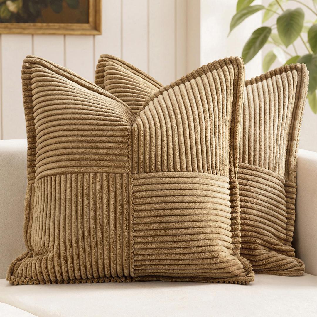 MIULEE Decorative Throw Pillow Covers for Couch Bed Livingroom 18x18 Inch Set of 2 Brown Boho Accent Throw Pllows Broadside Striped Patchwork Soft Corduroy Pillowcases